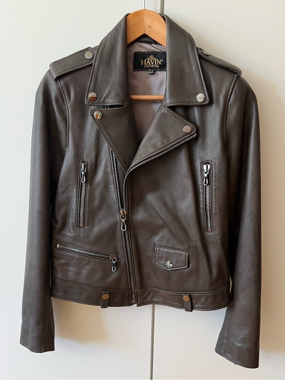 Brown- Taupe Genuine Leather Moto Jacket - Women's